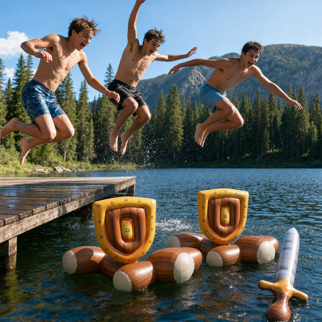 Battle Float floating in a backyard pool